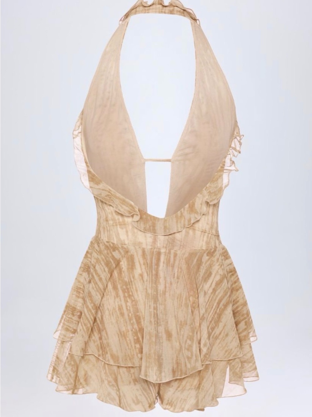 Oh Polly Morgaine Ruffled Plunge Halter Romper Tan Print M NWT - Picture 4 of 9